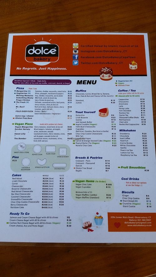 Menu at Dolce Bakery in Cape Town