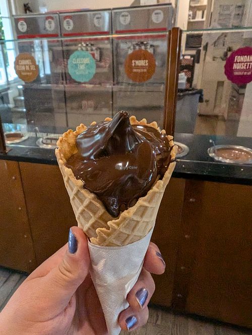 Oat-based Vanilla Soft serve with dark chocolate at Chocolates Favoris in Quebec