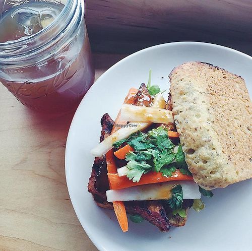 The Korean sandwich on gluten free bread and served with mint tea! ♥ at Aracari Kitchen in Terre Haute
