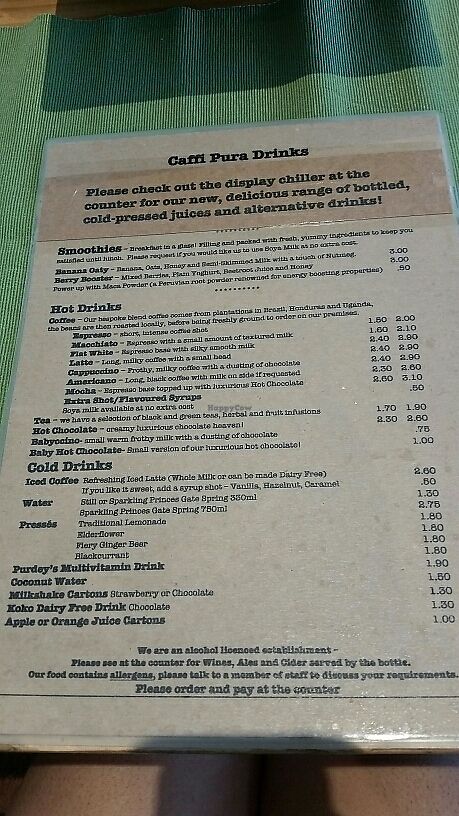 menu at Caffi Pura in Tenby