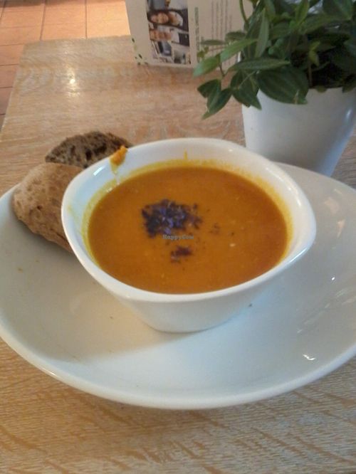 Red lentil soup at Dean & David - Schellingstr in Munich
