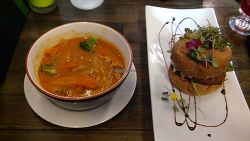 Thai soup with Beyond meat burger. at Restaurant L'Odika in Drummondville