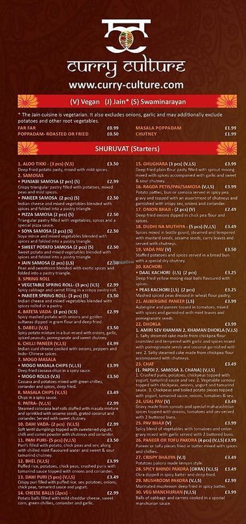 Menu at Curry Culture in Stockport