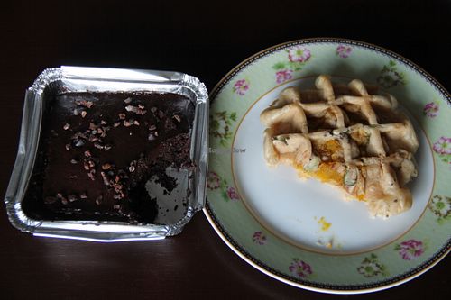 Vegan chocolate cake and tofu waffle.  at Greenheart in Chiang Mai