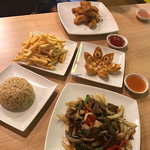 Mongolian Wonder, Wontons, fries, spicy Cha Cha at Loving Hut in Litchfield Park