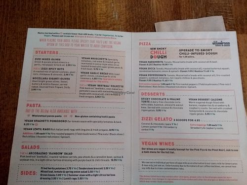 Vegan menu at Zizzi - West End in Glasgow
