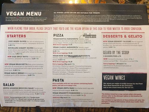 The vegan page of the special diets menu booklet (ask for it as soon as you're seated) at Zizzi - Bankside in South East London