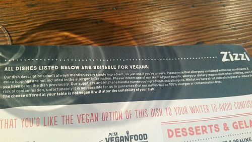 All vegan menu at Zizzi - Victoria in South West London