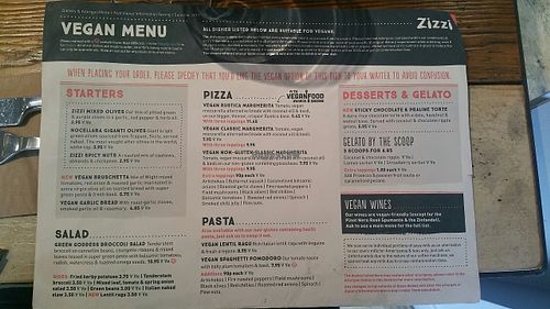 Vegan menu at Zizzi - Victoria in South West London
