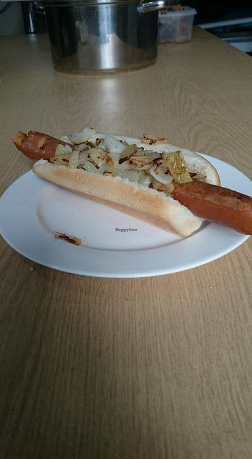 Tofu hot dog with onions at The Burger Garden in Sheffield