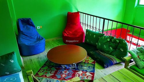 Yaşam Kafe'nin üst katı müzik yapmaya, söyleşi ve atölye için gayet uygun. Minderli, ayaklarınızı rahatça uzatabileceğiniz sizden evinizden bir mekan. Doğum günlerini, yıl dönümlerini, çocuk partilerini, arkadaş toplantılarını rahatça karşılayan bir mekan ayrıca. Küçük ama etkin bir yer, barışçıl, yaşam sevgisi dolu ve herkese açık. Uğramayı ihmal etmeyin. Sevgilerle. 

Yaşam Kafe's wonderfully eclectic, friendly and cosy upstairs is a great place to relax and chat as well as suitable for use as a community space, workshops, musical activities, meetings or for kids parties, birthday or anniversary events. Also we can adapt and decorate to suit a multitude of purposes. With love. at Yasam Vegan Kafe in Izmir