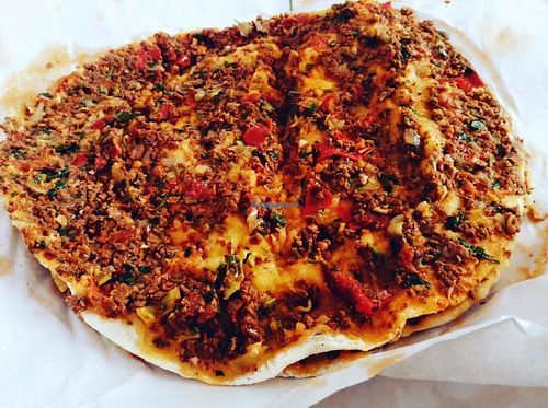 Vegan Flatbread with Soy Meat (called VegMacun) at Yasam Vegan Kafe in Izmir