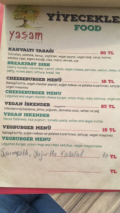 Menu at Yasam Vegan Kafe in Izmir