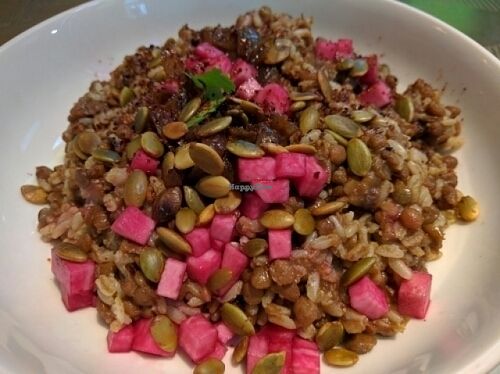 Mujadara is vegan without the yogurt at Anar in Seattle