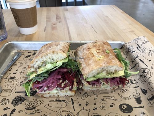 Smashed chickpea sandwich and oat milk latte at Homegrown in Kirkland