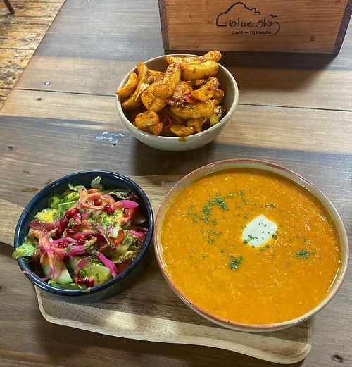 Soup of the day w/ salad, salt & pepper chips (all GF)!  at Blue Sky Cafe in Bangor