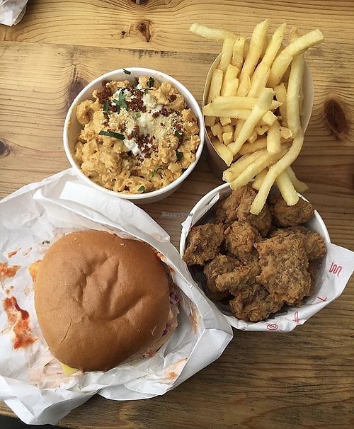 Spicy burger, popcorn bites, Mac, fries at Temple of Seitan - Hackney in East London