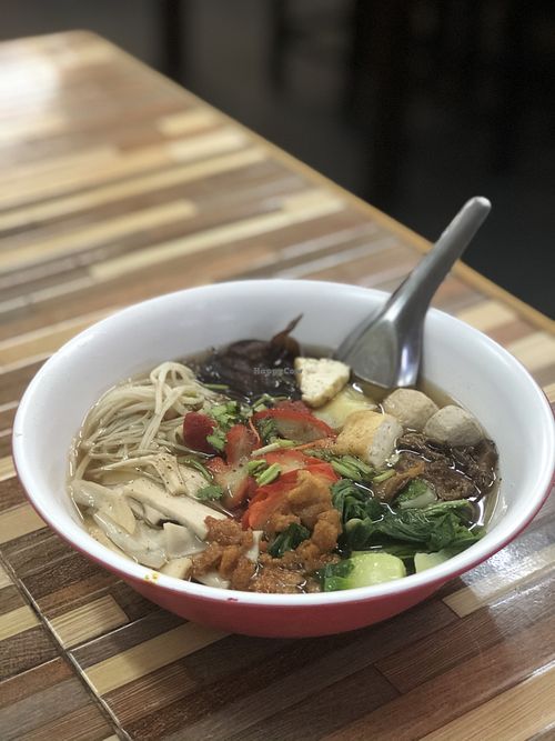 Vegan soup with mushrooms, dumplings, tofu, mushroom balls at Jai Mai Jumjay in Chiang Mai