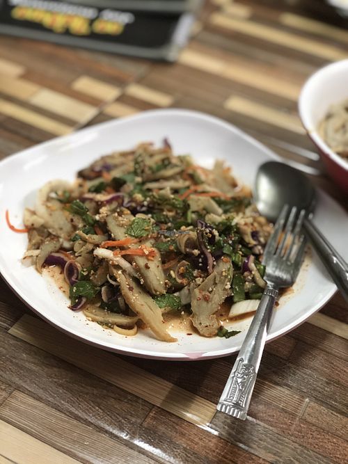 Spicy vegan duck salad with lemongrass  at Jai Mai Jumjay in Chiang Mai
