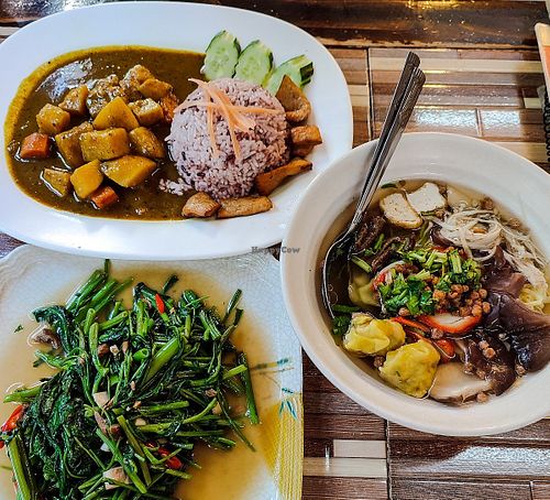 Stir-fried water spinach (pak boong) and Japanese curry #Veganuary at Jai Mai Jumjay in Chiang Mai