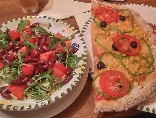 Vegan pizza and salad.  at La Cantina in Maribor