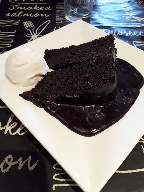 Vegan chocolate fudge cake and coconut ice cream at La Rambla  in Paisley