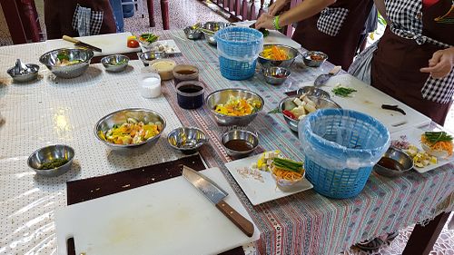 During the class at Thai Muang Vegetarian Cooking Class in Chiang Mai