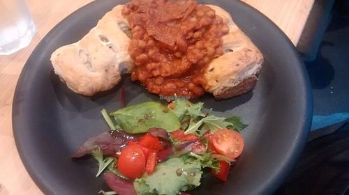 Sausage roll and beans at Soy Division in Glasgow