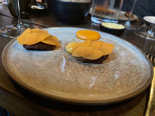 dehydrated beetroot with mango and carrot cream. at Formel B in Frederiksberg