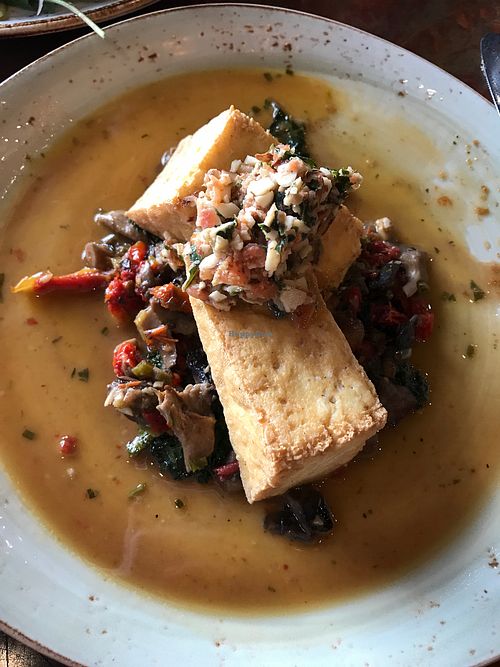 Seasonal Special: Crispy Tofu with Forest Mushrooms at Pelican Pub & Brewery in Pacific City
