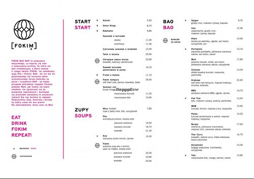 Menu at Fokim in Warsaw