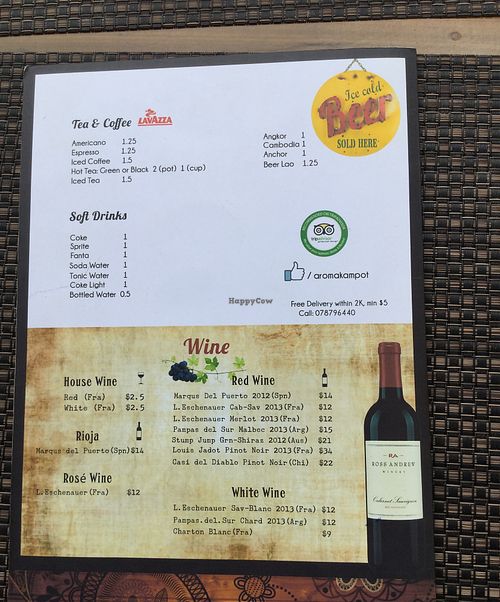 drinks menu at Aroma House in Kampot