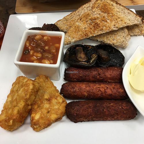 Gut Buster All Day Vegan Breakfast (- grilled tomatoes + extra sausage) at PURE Cuisine in Bournemouth