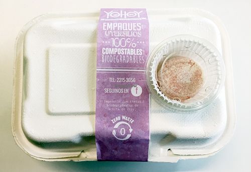 Vegetarian meal of the day. Compastable packaging. Veggie meals are labelled with purple tag.  at YoHoy in Escazu