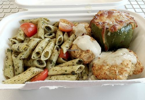 Veggie meal of the day: vegetable croquettes with gorgonzola sauce, pasta with basil and cherry tomatoes, stuffed green pepper (quinoa, carrot and green bean stuffing). Dessert was a churchill brigadeiro. at YoHoy in Escazu