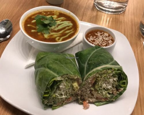 Living Burrito with house hot sauce and a side of Chilli Bean soup. at Living Kitchen in Raleigh