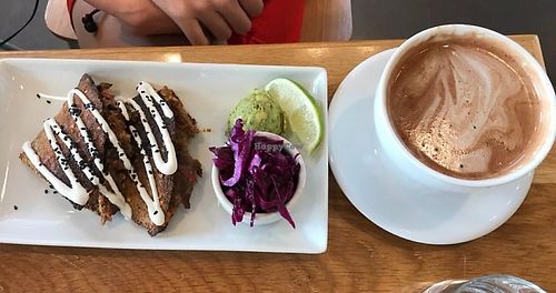 Chipotle Quesdilla, pickled cabbage, hot chocolate at Living Kitchen in Raleigh