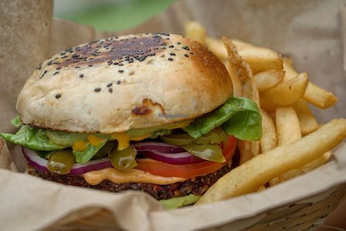 "Clasica" Vegan Burger, exquisite pattie packed with fresh ingrediants, very nourishing, high in protein low in fat at Mango y Chile in Bacalar