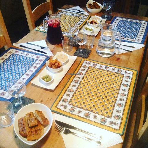 Some of our apperos, including a glass of sangria, homemade breads, stuffed olives and dips at The Hidden Veggie Kitchen in Limoges