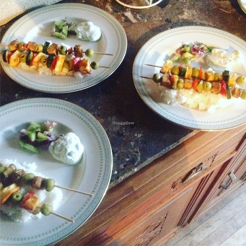 Tofu and halloumi skewers with rice, tzatziki dip and cucumber/red onion salad at The Hidden Veggie Kitchen in Limoges