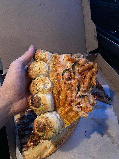 Vegan Baked ziti slice with garlic knot crust  at That Pizza Place in Levittown