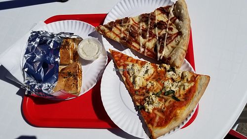 Vegan vodka slice, vegan bbq chicken slice, vegan Buffalo roll at That Pizza Place in Levittown