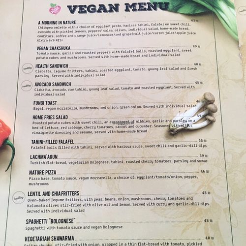 vegan menu at Greg Cafe in Tiberias