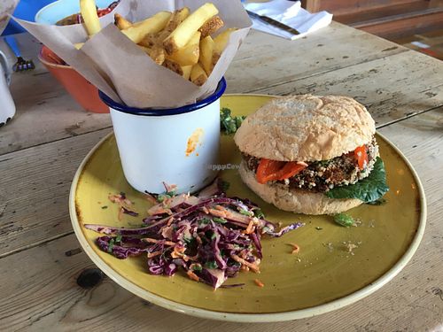 Vegan burger, slaw and fries at Pico Lounge in Glossop
