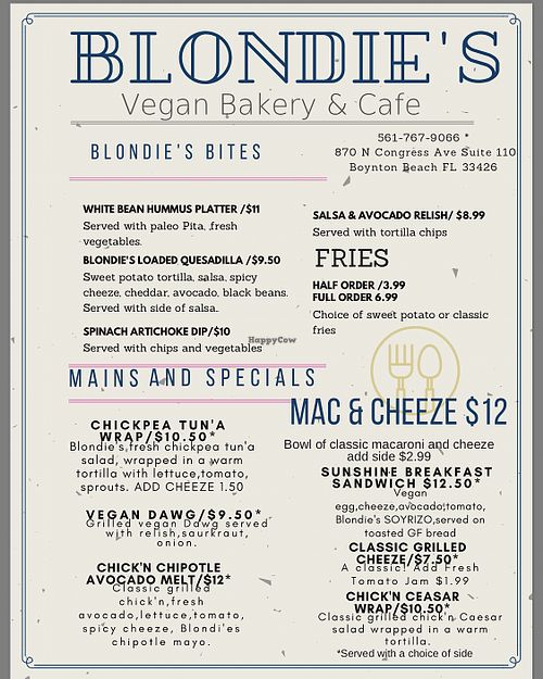 Menu front  at Blondie's Vegan in Boynton Beach