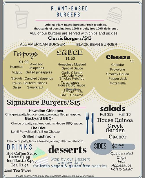 Menu back  at Blondie's Vegan in Boynton Beach