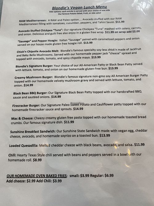 Menu 12-30-19 at Blondie's Vegan in Boynton Beach