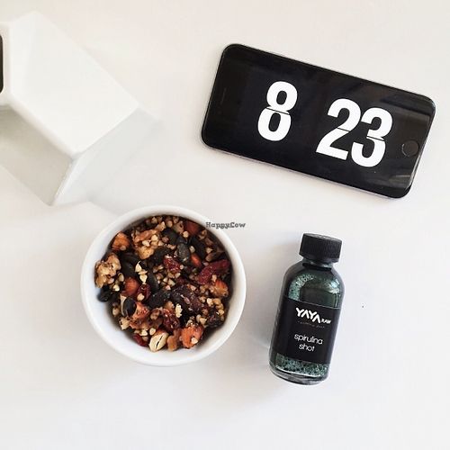 raw buckwheat granola, almond milk and spirulina shot  at YayaRaw in Alacati