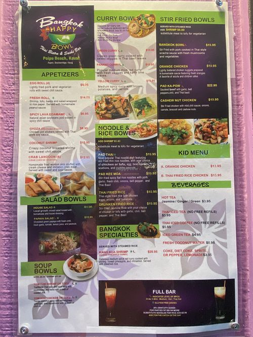 Menu on 12.26.21  at Bangkok Happy Bowl in Koloa