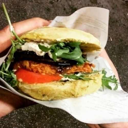 chickpea pattie and curry bread at Vegan Kiosk in Bratislava